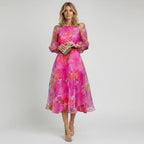 Valmera | Floral Sheer Sleeve Midi Dress with Puff Detail