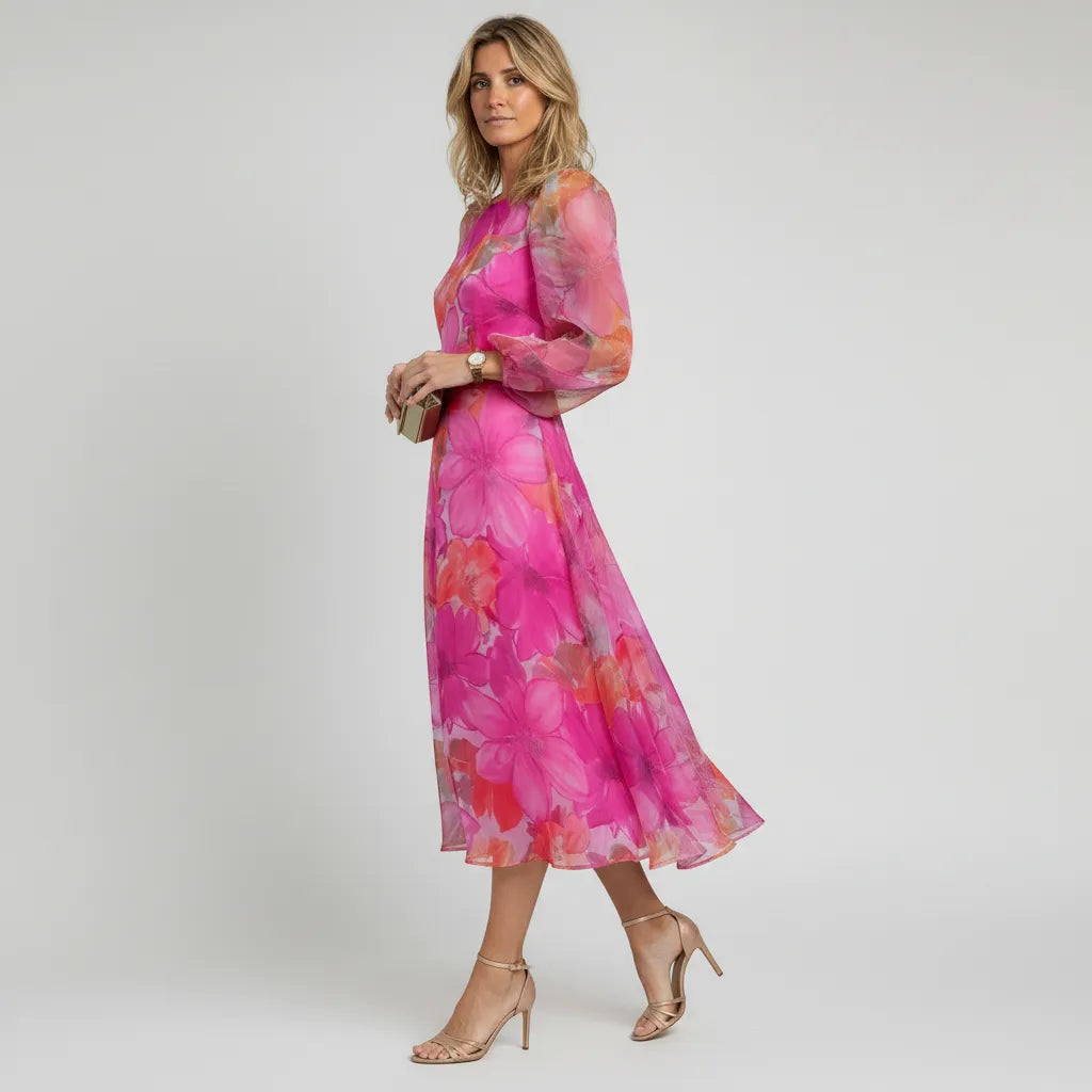Valmera | Floral Sheer Sleeve Midi Dress with Puff Detail