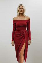 Marvella | Off-Shoulder Shimmer Midi Dress with Ruched Side Slit