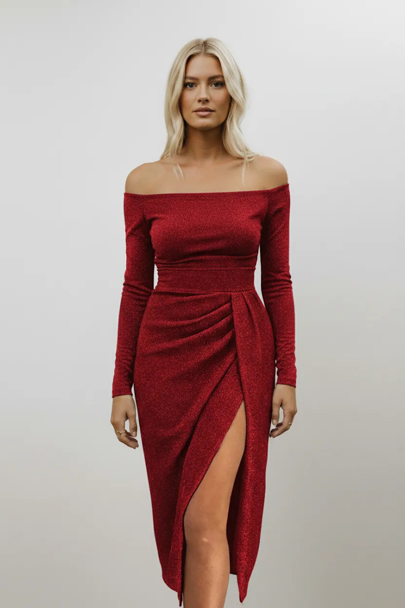 Marvella | Off-Shoulder Shimmer Midi Dress with Ruched Side Slit