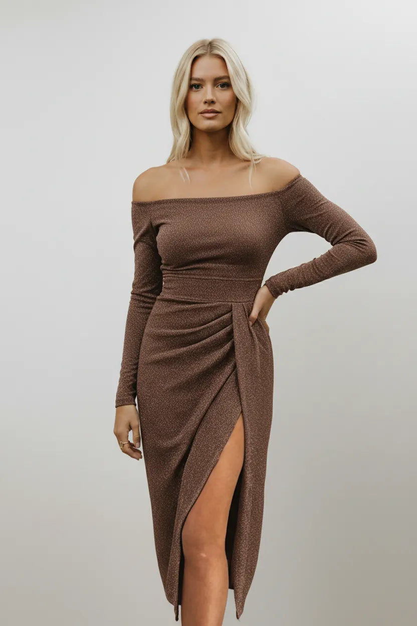 Marvella | Off-Shoulder Shimmer Midi Dress with Ruched Side Slit