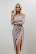 Marvella | Off-Shoulder Shimmer Midi Dress with Ruched Side Slit