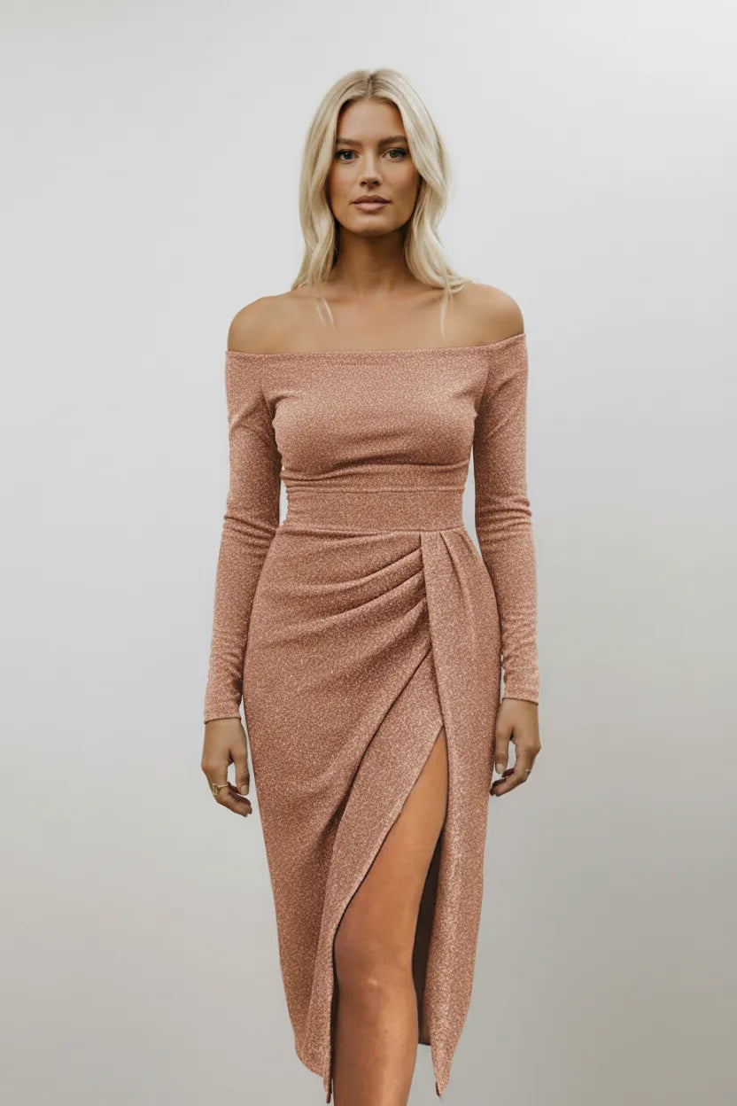 Marvella | Off-Shoulder Shimmer Midi Dress with Ruched Side Slit