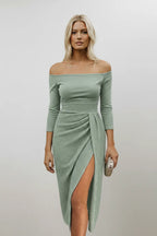 Marvella | Off-Shoulder Shimmer Midi Dress with Ruched Side Slit