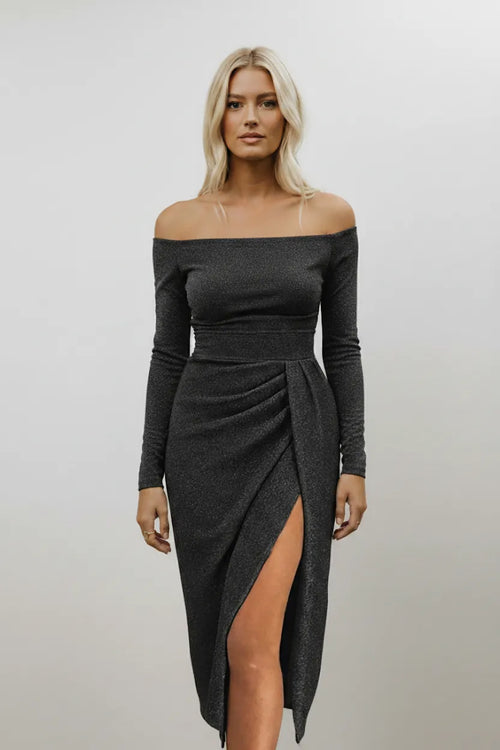 Marvella | Off-Shoulder Shimmer Midi Dress with Ruched Side Slit