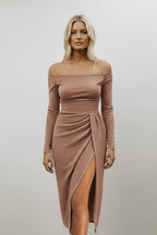 Marvella | Off-Shoulder Shimmer Midi Dress with Ruched Side Slit