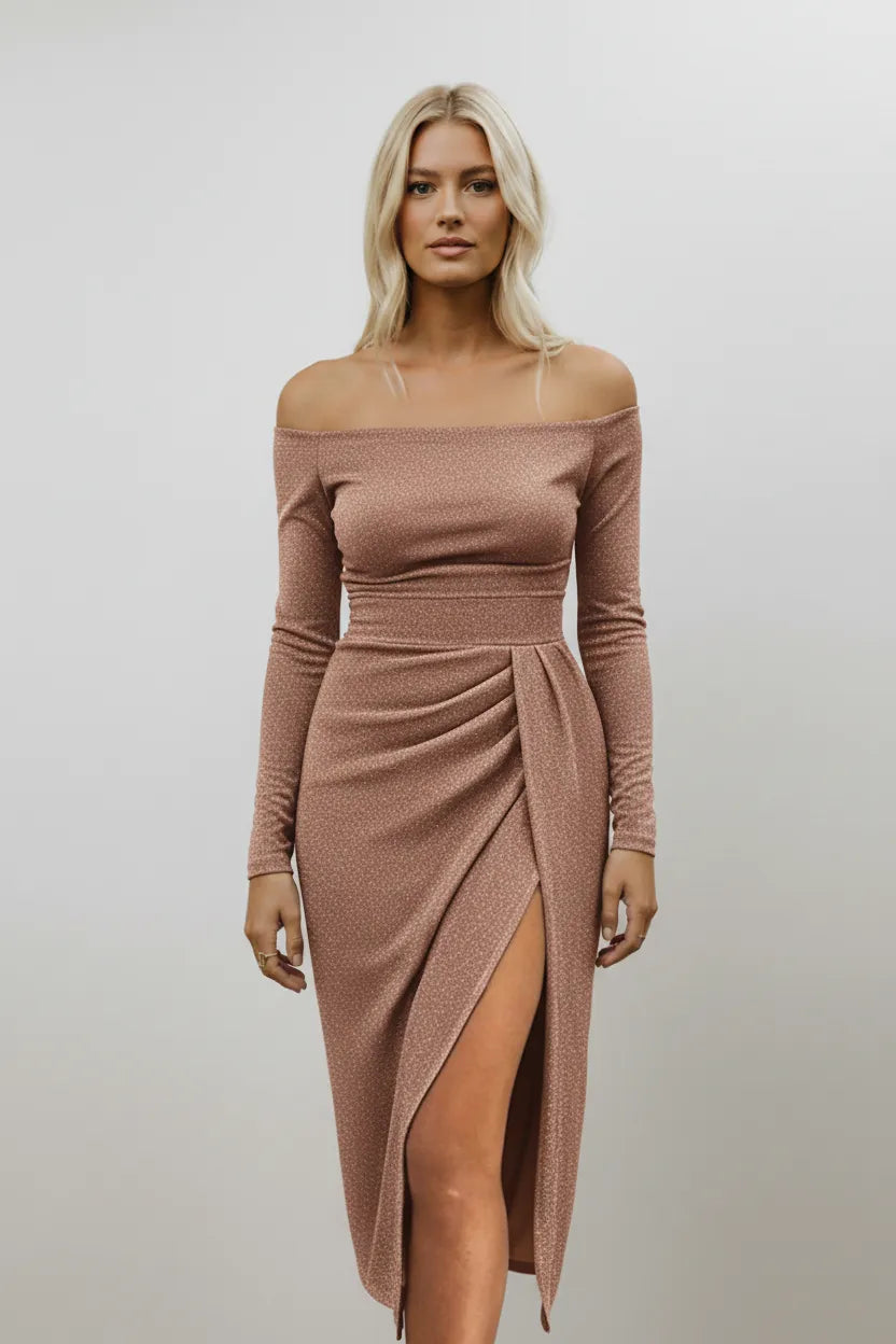 Marvella | Off-Shoulder Shimmer Midi Dress with Ruched Side Slit