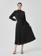 Elvara | Pleated Long Sleeve Midi Dress with Belted Waist