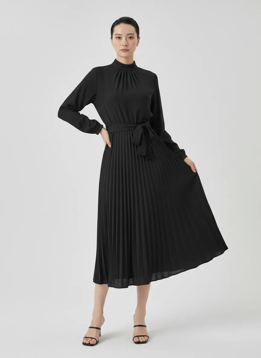 Elvara | Pleated Long Sleeve Midi Dress with Belted Waist