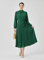 Elvara | Pleated Long Sleeve Midi Dress with Belted Waist