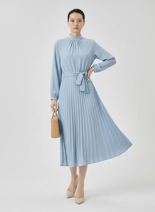 Elvara | Pleated Long Sleeve Midi Dress with Belted Waist