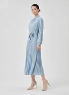 Elvara | Pleated Long Sleeve Midi Dress with Belted Waist