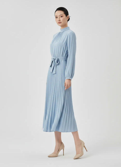 Elvara | Pleated Long Sleeve Midi Dress with Belted Waist