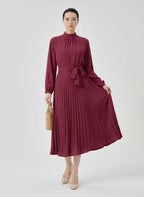 Elvara | Pleated Long Sleeve Midi Dress with Belted Waist