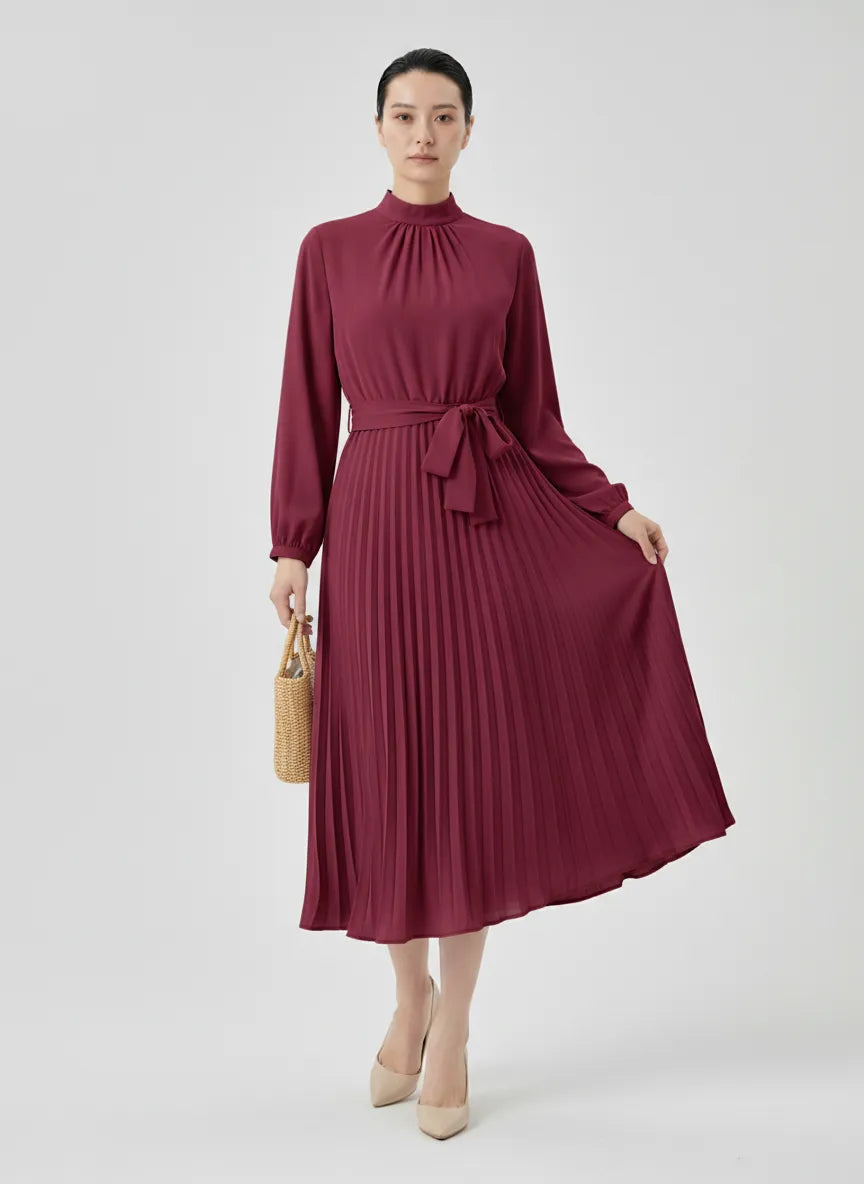 Elvara | Pleated Long Sleeve Midi Dress with Belted Waist