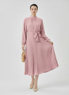 Elvara | Pleated Long Sleeve Midi Dress with Belted Waist