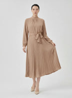 Elvara | Pleated Long Sleeve Midi Dress with Belted Waist