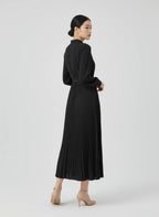 Elvara | Pleated Long Sleeve Midi Dress with Belted Waist
