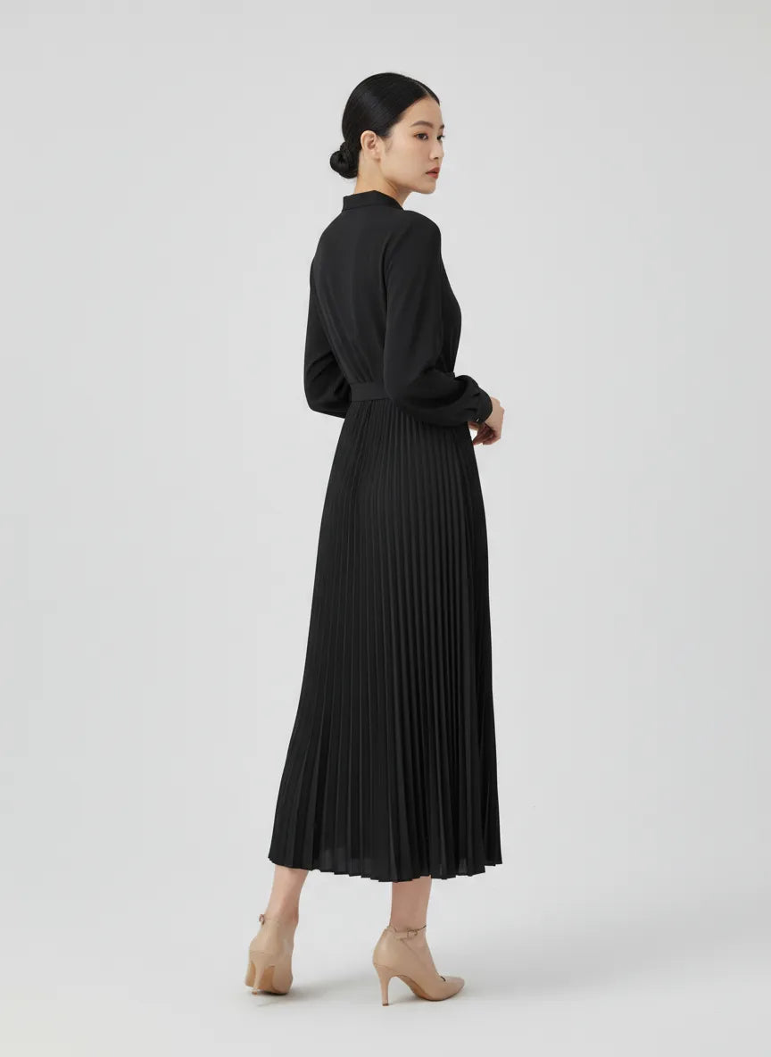 Elvara | Pleated Long Sleeve Midi Dress with Belted Waist