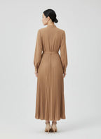 Elvara | Pleated Long Sleeve Midi Dress with Belted Waist