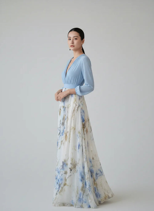 Celestine | Long Sleeve Maxi Dress with Deep V-Neck and Floral Skirt