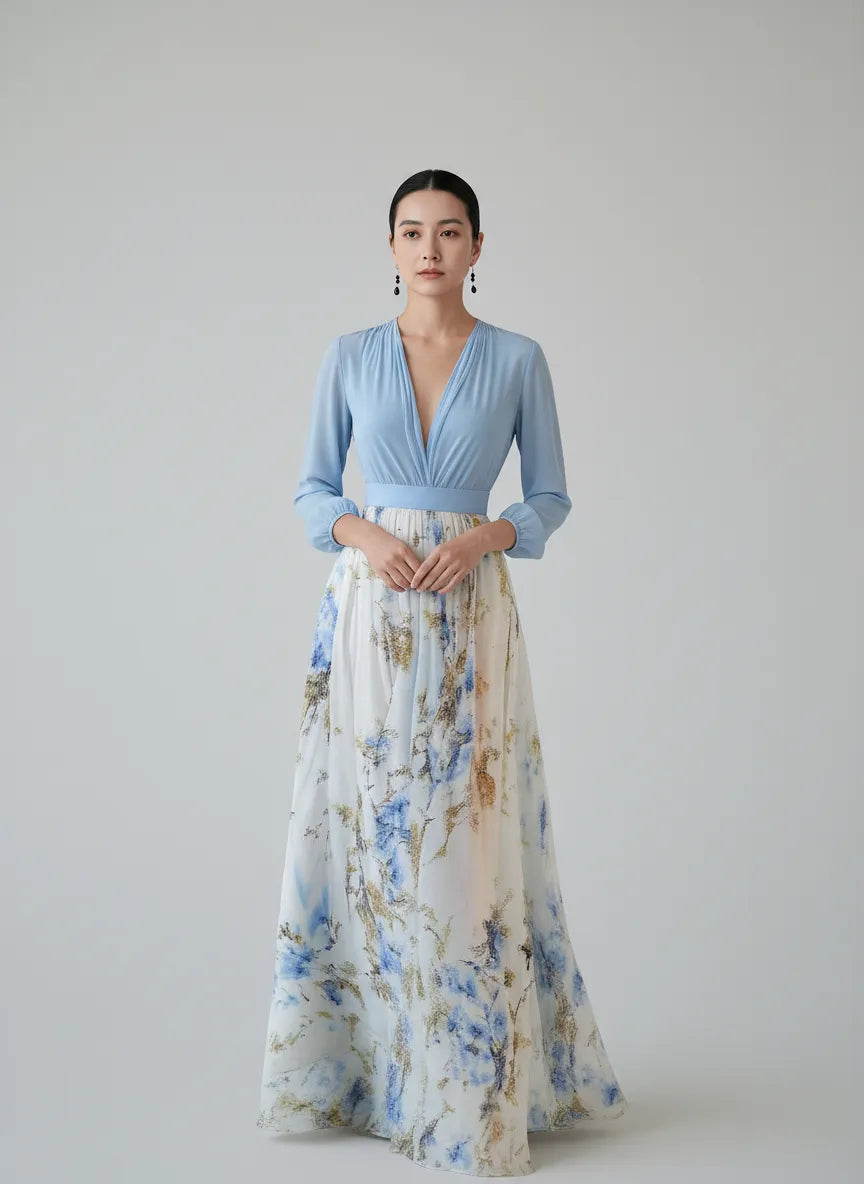 Celestine | Long Sleeve Maxi Dress with Deep V-Neck and Floral Skirt