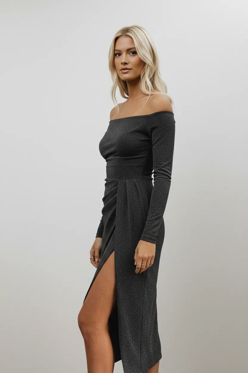 Marvella | Off-Shoulder Shimmer Midi Dress with Ruched Side Slit