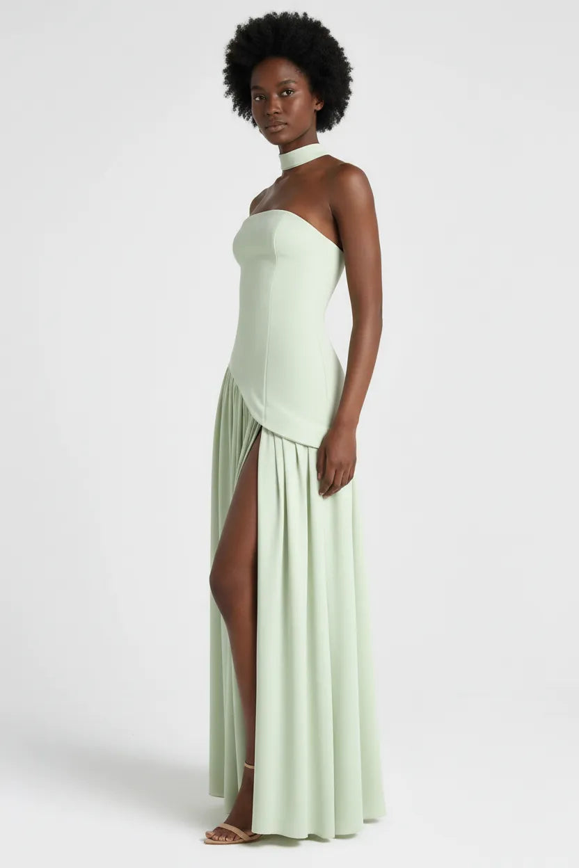 Seravia | Strapless Maxi Dress with Asymmetric Waist and High Slit