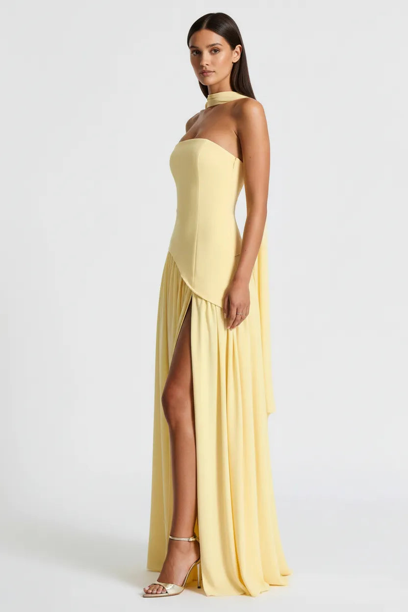 Seravia | Strapless Maxi Dress with Asymmetric Waist and High Slit
