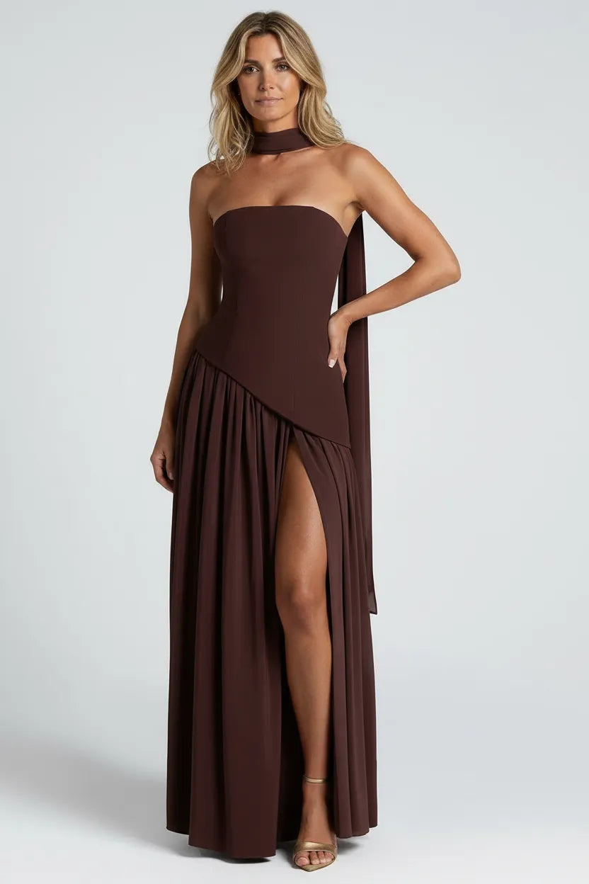 Seravia | Strapless Maxi Dress with Asymmetric Waist and High Slit