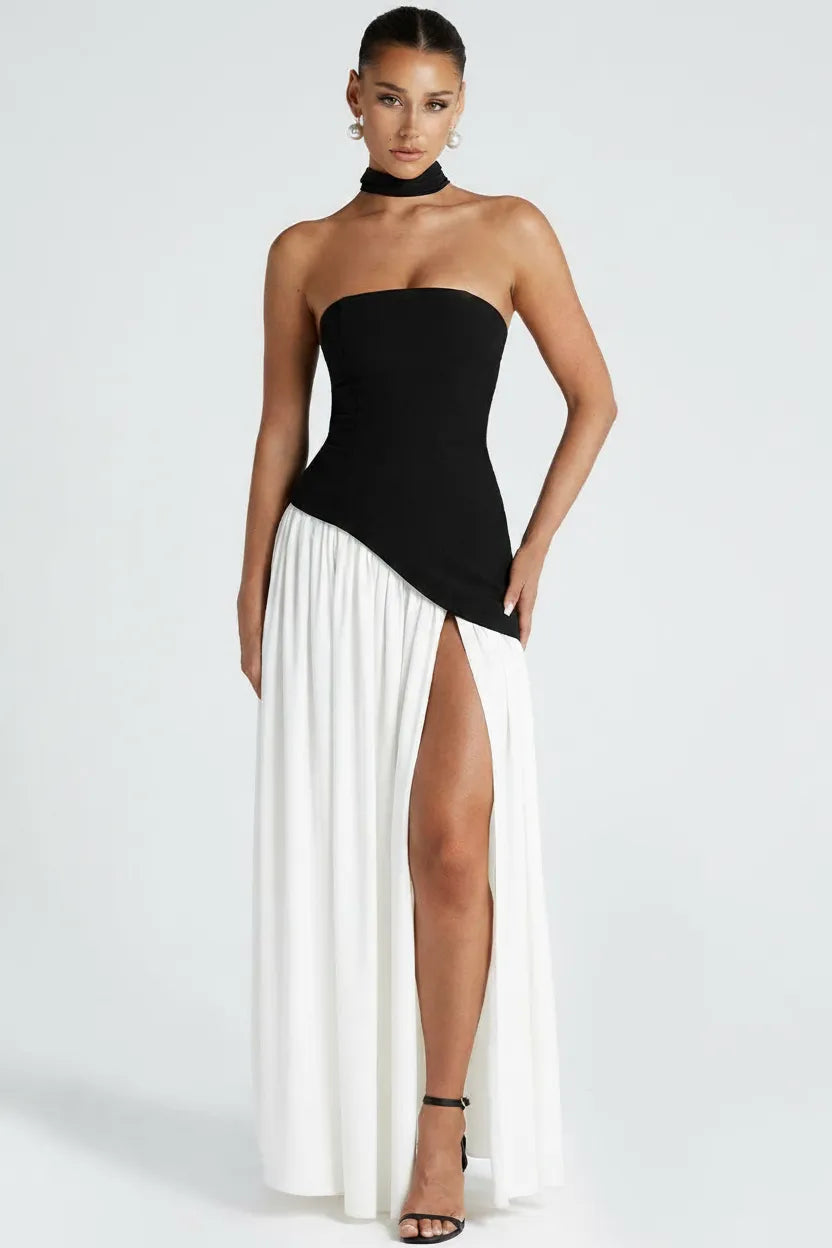 Seravia | Strapless Maxi Dress with Asymmetric Waist and High Slit