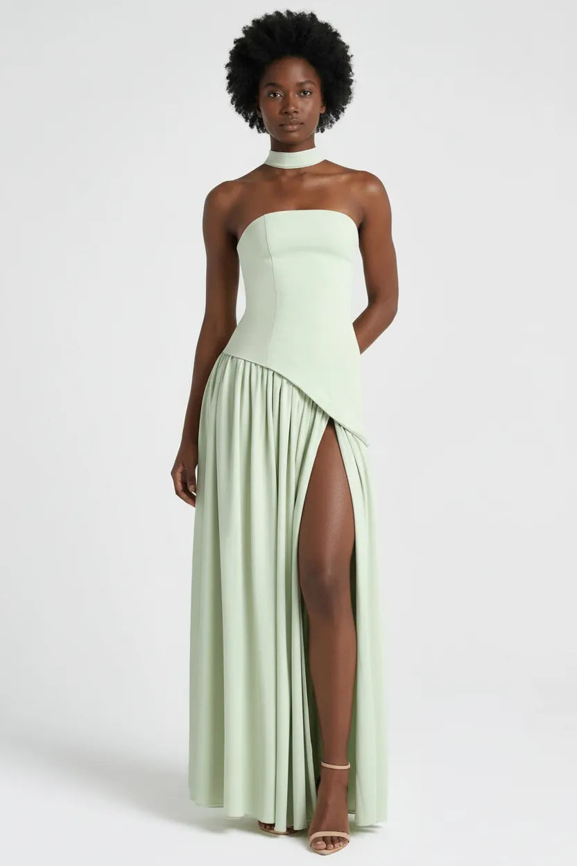 Seravia | Strapless Maxi Dress with Asymmetric Waist and High Slit