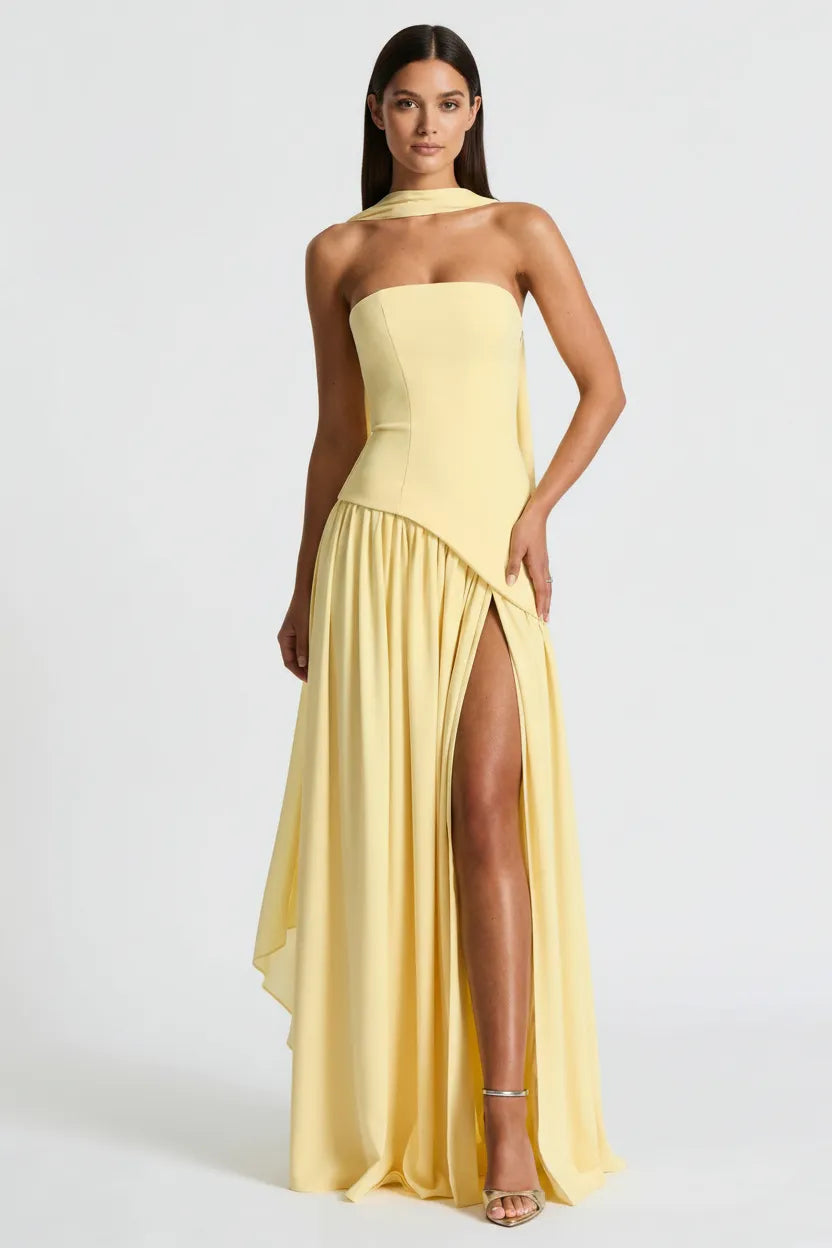 Seravia | Strapless Maxi Dress with Asymmetric Waist and High Slit